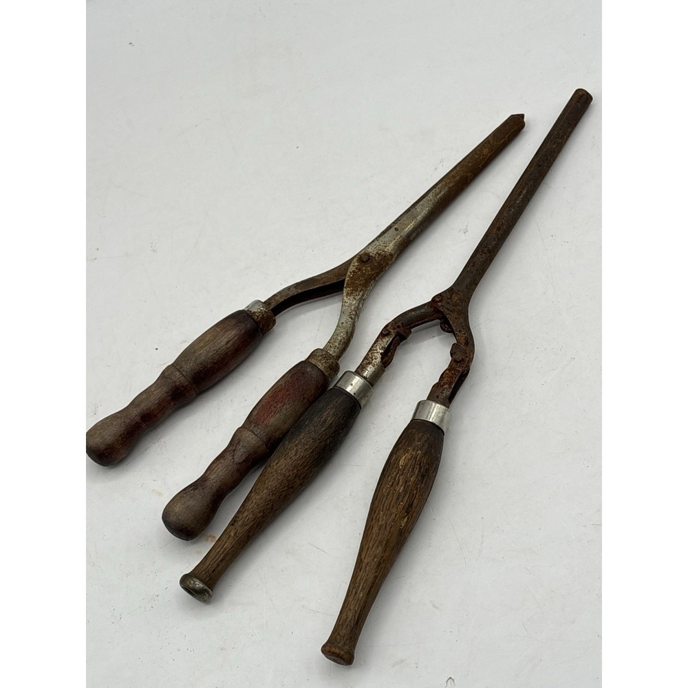 Lot Of 2 Antique Curling Irons Metal Wood Primitive Rustic Industrial Decor
